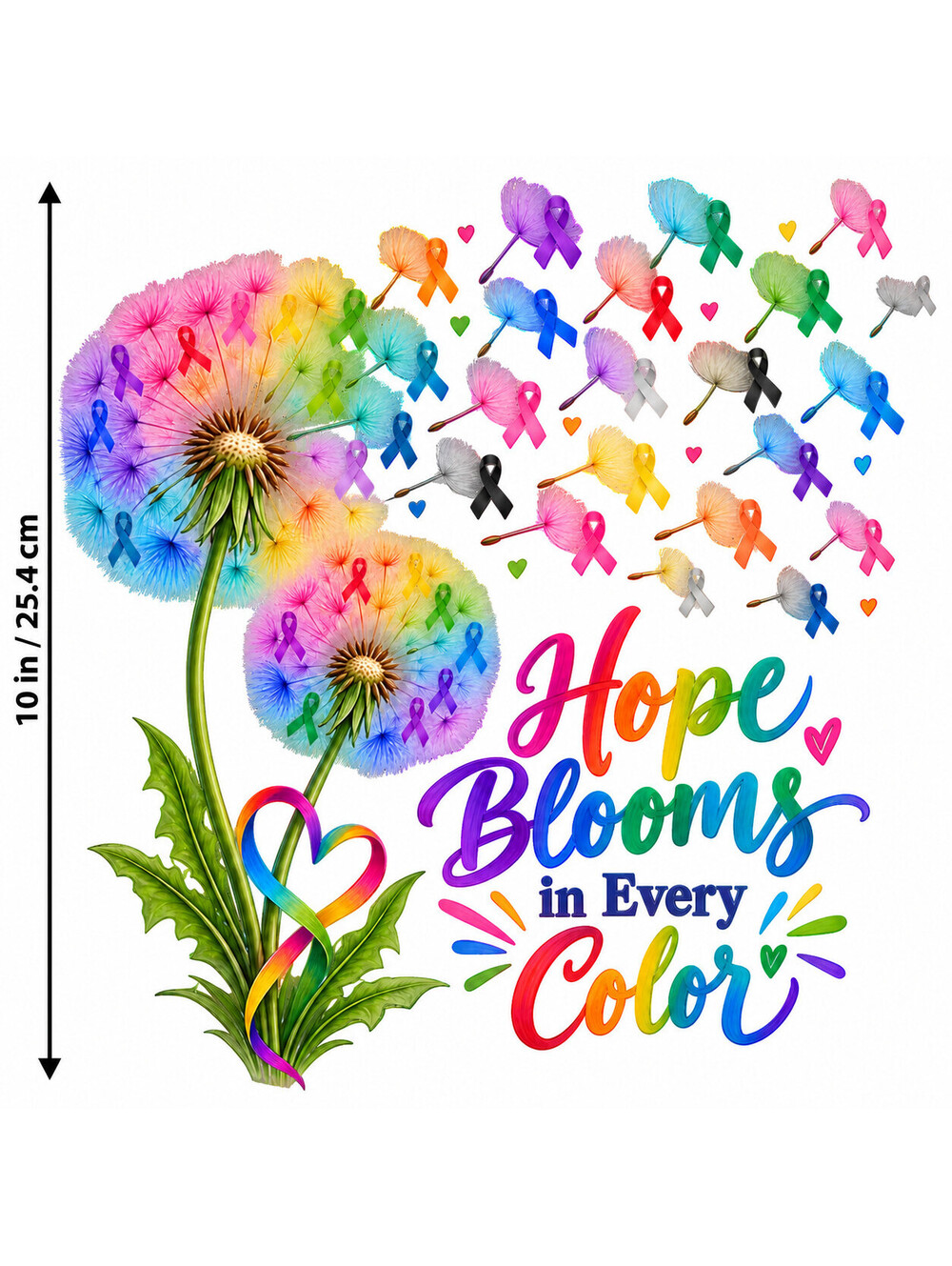 4PCS DTF Transfer Hope Blooms Every Color Dandelion Ribbon 10in Iron On
